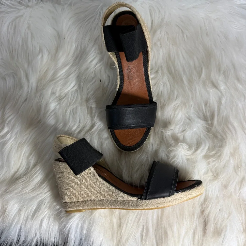 Dalson Espadrilles Black Leather Elastic Strap Wedge Sandals Made in Spain‎ 37